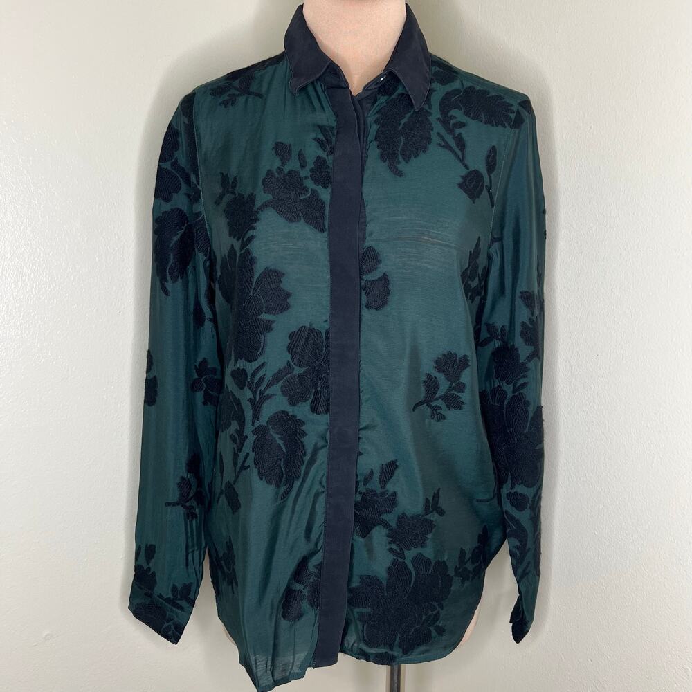 Burberry Wool Blend Button Up Shirt 8 Womens Green Embroidered Long Sleeve Top